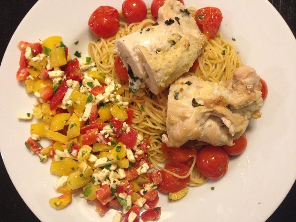 sweet peppers & feta, stuffed chicken and pasta